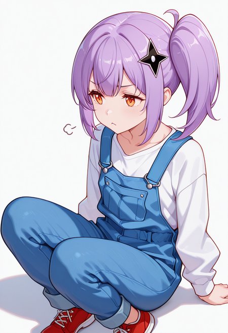 masterpiece,high quality details, absurdres,
 <lora:Satoko_Kusagakure:0.9>
satoko_cnr, 1girl, purple hair, long hair, side ponytail,orange eyes,hair ornament,sidelocks,enh_cnr,
satoko_s2, collarbone,overalls,white shirt, long sleeves, pants, red footwear, shoes,, simple background, white background, from side,solo,, sulking,guilt,, :<,