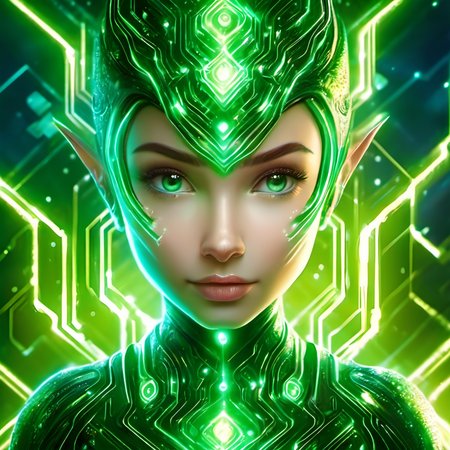 iccircuitart,green theme,<lora:iccircuitart:1>,, portrait of a CGI animation character, magical background, bright natural lighing, backlighting, professional studio quality, looking at camera, large round cute detailed eyes, detailed, cute, adorable, intricately detailed, fantasy art, digital painting