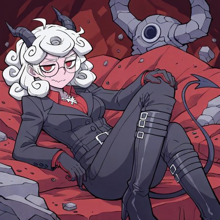 masterpiece, best quality, newest, absurdres, highres, 
Migamiga-Style-V1.0,
1girl, pandemonica (helltaker), demon girl, horns, black horns, white hair, knee boots, gloves, demon tail, demon horns, black jacket, curly hair, glasses, round glasses, round eyewaer,