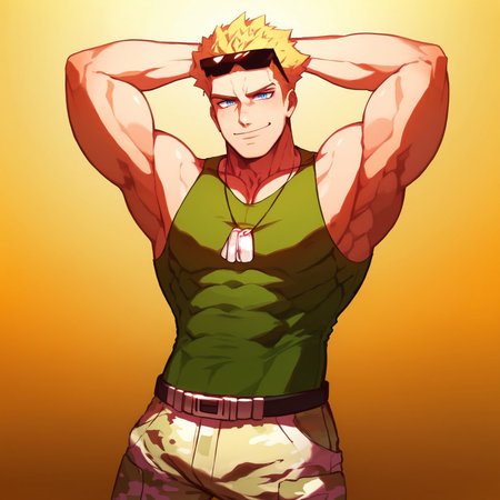 , score_9, score_8_up, score_7_up, masterpiece, , line art, anime,, detailed, <lora:Expressive_H:0.45> Expressiveh, ,  LtSurge, male, blond hair, sunglasses on head, dog tags, green tank top, camo pants, belt, blue eyes, stretching, smile, gym