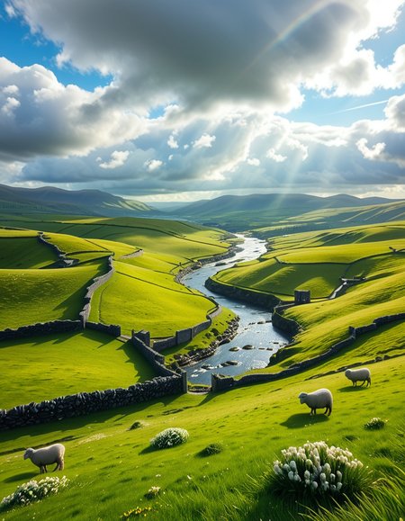A breathtaking, high-resolution photograph of the rolling plains of Ireland, stretching endlessly under a vast, cloud-streaked sky. The landscape is a lush, vibrant green, with gentle hills covered in soft grass and dotted with scattered wildflowers. Ancient stone walls and winding dirt paths cut through the fields, marking old farmland boundaries. In the distance, a few solitary sheep graze peacefully, their white wool contrasting against the emerald grass. A small, clear river meanders through the valley, reflecting the soft light of the sky. The horizon is framed by low, misty mountains, adding depth and mystery to the scene. Above, the sky is a mix of bright blue and fluffy white clouds, casting dynamic shadows across the landscape as beams of sunlight break through. The atmosphere is serene, timeless, and rich with the natural beauty of the Irish countryside.
<lora:SDXLFaeTastic2400:0.4> <lora:extremely_detailed:0.4> extremely detailed, <lora:rolling_plains_of_1r3l4nd:1>,rolling plains of 1r3l4nd, Masterpiece,best quality,hi res,8k,hi res,8k,award winning,(sharp focus, intricate, highly detailed),
