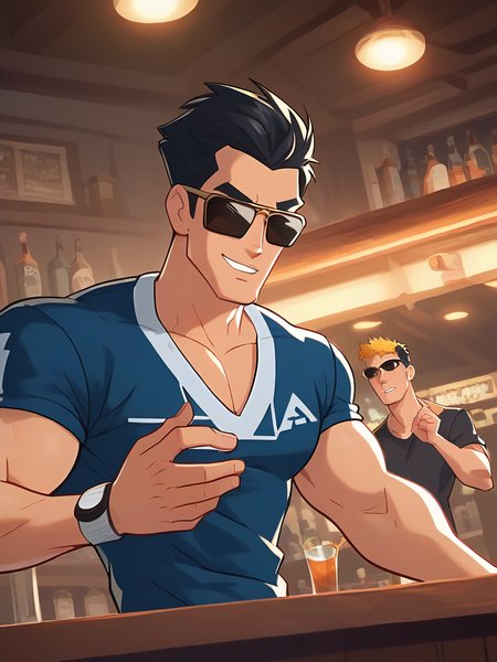 score_9, score_8_up, score_7_up, animemen, 1man w1nx_m6le9,  from waist up, t-shirt, indoors, bar, sunglasses,
<lora:Winxm_pxl_0.1:0.9>
<lora:Smooth Anime 2 Style SDXL_LoRA_Pony Diffusion V6 XL:1>