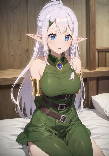 masterpiece, best quality, 1 girl, large breasts, bed, <lora:riaIsekaiNonbiri_v10:0.8>, ria, elf, blue eyes, pointy ears, long hair, hair ornament, braid, hairclip, green dress, side braid, very long hair, bangs
