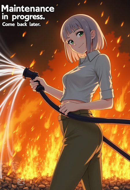 beautiful woman with gray hair, bangs, standing in front of an inferno, wearing a shirt and pants, looking at the viewer, she is smiling and holding a water hose in her hand, she sprays water on the flames, text above her reads "Maintenance in progress. Come back later." (score_9, score_8_up, score_7_up, score_6_up, score_5_up, score_4_up, high res, 4k)