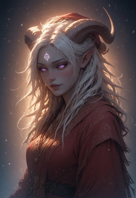 (absurdres, best quality, masterpiece:1.4), score_9, score_8_up, score_7_up, score_6_up, detailed, detailed body, detailed face, world of warcraft, fantasy, <lora:add-detail-xl:1.5>, 

fFaceDetail, ((female, draenei, tall, athletic arms, pale white skin, long white hair, purple eyes, no sclera, long white tail), (h0rns, ram horns, white horns), 
(long fingers, gold fingernails, gold nail polish)), 

alone, upper body, standing, looking toward viewer, soft smile,

Red santa dress with a white fur trim, red santa hat with a white fur trim, black belt with a gold buckle, black knee high boots, White thigh high socks

depth of field, evening, outdoor, harbour, snowing, light snow