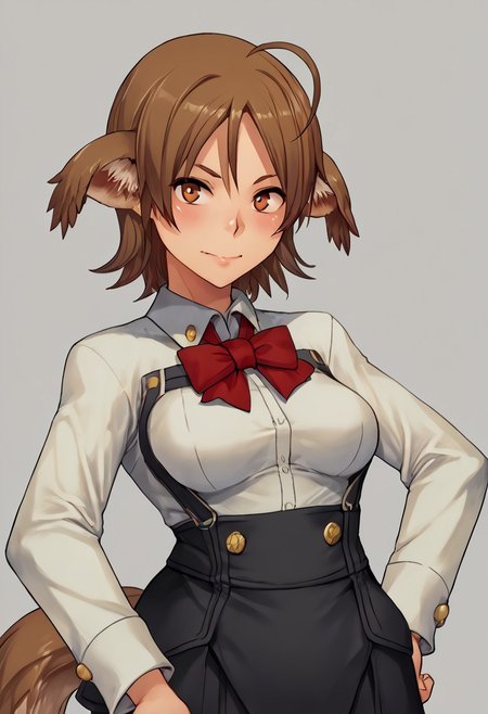 score_9, score_8_up, score_7_up, score_6_up, score_5_up, score_4_up, BREAK,  <lora:cmarket0826-sdxl-000028:1>, noa riads, 1girl, solo, breasts, blush, smile, short hair, simple background, brown hair, long sleeves, fluffy tail, ahoge, animal ears, dog ears, medium breasts,  swept bangs
shiny skin, school uniform, red bowtie, white shirt, black skirt, hands on hips, frown, blush, looking at viewer,
upper body, Eye focus
upper body