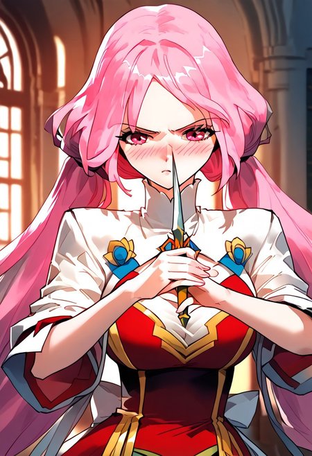 score_9,score_8_up,score_7_up,score_6_up,
source_anime, (best quality), (masterpiece), (extremely detailed), (finely detailed), (detailed face, perfect face, perfect eyes, beautiful detailed shading), (perfect hands), (full colors), blush, 
BREAK, 
cowboy shot, upper body,
1girl, solo, 纳兰嫣然, pink hair, twintails, long hair, pink eyes, large breasts, holding a sword, action pose