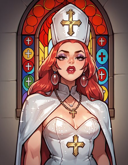 score_9, score_8_up, score_7_up, score_6_up, score_5_up, score_4_up, 1girl, solo, long red hair, makeup, lipstick, earrings, bracelet, multiple necklaces, hud_p0pe, priest hat, strapless dress, sequins, cape, <lora:hud_p0pe_XLP:0.6>, church, stained glass, fire