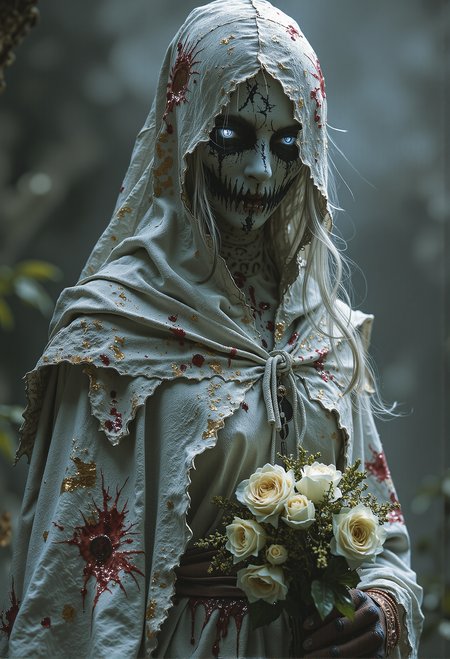 Ghostly bride, torn veil, hollow eyes, withered bouquet, blood-stained dress <lora:Elden_Ring_-_Yoshitaka_Amano.safetensors:1.0>,  <lora:black_fantasy.safetensors:0.75>,