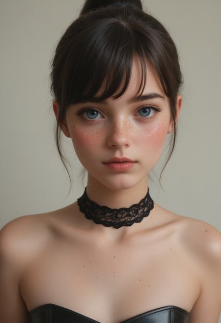 (((score_9), score_8_up), score_7_up), Expressiveh, 21 year old girl, ((freckles)), medium flat chest, cute sweet girl, petite, hourglass figure, pouty lips, Dark cinematography, cinematic lighting, dynamic view, 
shy pose, embarrassed, (blushing:1.2), cleavage, lace choker, British, black hair with bangs, ponytail,  black leather miniskirt, leather lace up corset,