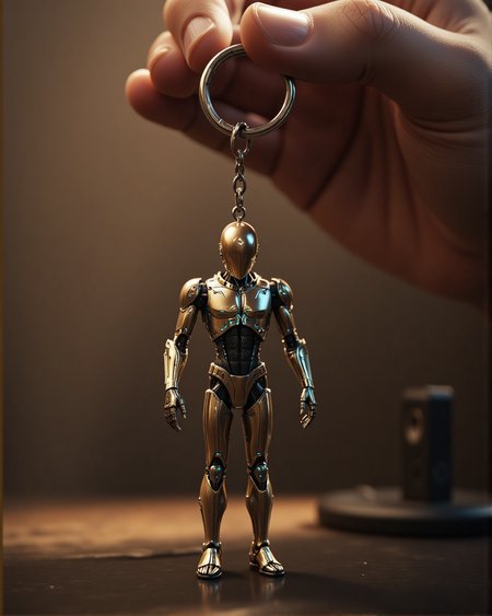 score_9, score_8_up, score_7_up, source_realistic, hyper-realistic details, extrem photorealism, ultra-HD textures, high quality v3, masterpiece, Fantasy detailers,aidmaMJ6.1
A human hand delicately holds a keychain featuring a highly detailed miniature figurine of a bald steampunk cyborg faceless mannequin. The tiny figure is crafted from polished brass and copper, with intricate engravings, joints and tiny glowing energy lines running across its mechanical limbs. The keychain’s metallic ring glistens under the soft ambient light, while the small mannequin dangles, reflecting intricate craftsmanship.  
- The background is blurred, creating a shallow depth of field that enhances the focus on the keychain.  
- Subtle lighting highlights the metallic textures of the figurine and the warm tones of the hand holding it. 
- The figurine's tiny joints and articulated limbs add realism, appearing like a pocket-sized mechanical marvel.  
- A blend of nostalgia and futuristic artistry, transforming a detailed steampunk mannequin into a collectible object.  
- Hyper-detailed rendering of metallic surfaces, reflections, and fine engravings.  
- A cinematic close-up composition, emphasizing craftsmanship and the intricate beauty of small-scale mechanical design.