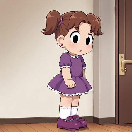indoors,  <lora:DeniseV2:1> denisetdm, 1girl, solo, black eyes, reddish-brown hair, twintails, short twintails, jewelry, earrings, dress, purple dress, short sleeves, whit socks, shoes, purple footwear