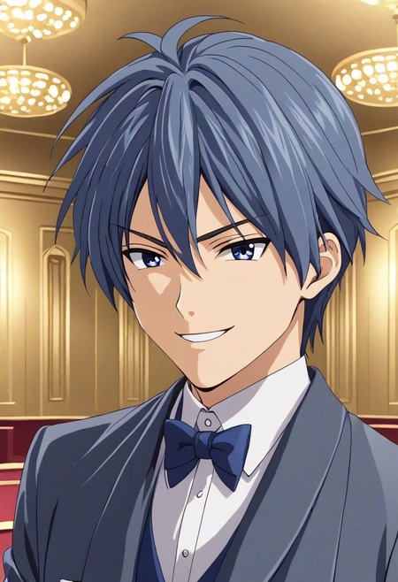 high resolution, solo, best quality, 1Boy, Tomoya Okazaki, Grey Blue Hair, luxury hotel, Ballroom, tuxedo, smile, confident, OverallDetail