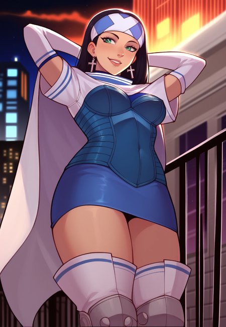 safe_pos, score_9, score_8_up, score_7_up, masterpiece, absurdres, source_anime, ng_deepnegative_v1_75t,  detailed, (perfect anatomy:1.1), perfect body, (perfect hands:1.2), fullbody shot, night, rooftop, railing, city lights, low angle
BREAK 
bethsmtii, long hair, black hair, (headband, cross symbol), blue bodysuit, short sleeves blue skirt, cape, elbow gloves, thigh boots, cross earrings, kneeling, ((looking to the viewer)), smile, curvy:0.9, legs open, hands behind head