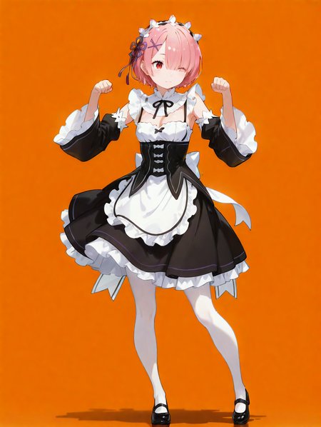 perfect quality,high quality,masterpiece,best quality,amazing quality,very aesthetic,absurdres,Cinematic Lighting,newest,Tactical use of shadow,
front view,full_shot,Wink,
RAMCYQL,1girl,solo,short hair,bangs,pink hair,hair over one eye,red eyes,hair ornament,x hair ornament,maid headdress,ribbon,hair ribbon,purple ribbon,maid,roswaal mansion maid uniform,black dress,detached sleeves,long sleeves,apron,waist apron,white apron,frills,pantyhose,white pantyhose,mary janes,black footwear,cleavage,
full body,standing,paw_pose,,
ï»¿orange background,simple background,
<lora:ponyv5_noobV065S_1_adamW-000013:0.7>,<lora:wl-illV1-000017:0.7>,<lora:zzziGnXL_il_lokr_V531:0.5>,<lora:USNR STYLE_XL_loha:0.45>,usnr,,<lora:RAMCYQL:1>,