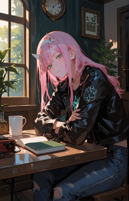 ZeroTwoCYQL,1girl,solo,pink hair,long hair,bangs,horns,hairband,white hairband,green eyes,Leather jacket, graphic tee, distressed jeans,
BREAK
disdain,looking_at_viewer,
BREAK
scenery,bottle,plant,table,indoors,food,cup,window,book,lamp,sunlight,box,pottedplant,clock,chair,tree,shade,door,cable,light,trashcan,shadow,night,lightrays,ceilinglight,flower,mirror,sunbeam,
BREAK
qxys,748cmstyle,EtherStyle,<lora:spo_sdxl_10ep_4k-data_lora_webui:0.7>,<lora:96YOTTEA-WAI:0.3>,<lora:illustrious_all_rated_v1:0.7>,<lora:748cmSDXL:0.9>,<lora:EtherSDXL:0.5>,,<lora:ZeroTwoCYQL:1>,
perfect quality,high quality,masterpiece,best quality,amazing quality,very aesthetic,absurdres,newest,