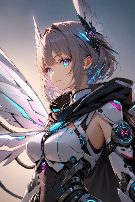 Jed-rbt, seraph, 1girl, cinematic angle, :3, looking at viewer, scifi hair ornaments, energy hair, brooch, sleeve, cape, mechanical wings, screws, cables, led lights, glowing, Futuristic, chromatic aberration, Kawaii, [(blue-white background:1.2)::0.2], (neon luminescence background:1.2), illustration, incredibly absurdres, ultra detailed, masterpiece, best quality,[<lora:detailed_notrigger:0.95>::0.5], [:<lora:detailed_hands:1.05>:0.5],<lora:RoboStyle:1>