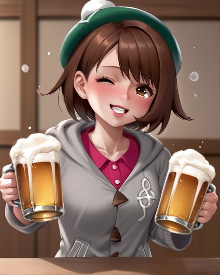 gloria (pokemon), wink, holding beer, drunk<lora:Niro_style_FORPONY:1>