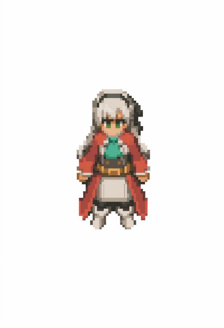 masterpiece, best quality, solo, 1girl, <lora:FFT-Sprites-illus_Fp:1>, looking at viewer, straight-on, full body, standing, solid oval eyes, no mouth, no nose, pixel art, simple background, white background, <lora:elie-illu-nvwls-v1:1>, zrelie, grey hair, long hair, half updo, green eyes, black hairband, hair ribbon, white and red uniform, white dress, aqua ascot, brown belt, black pantyhose, white boots