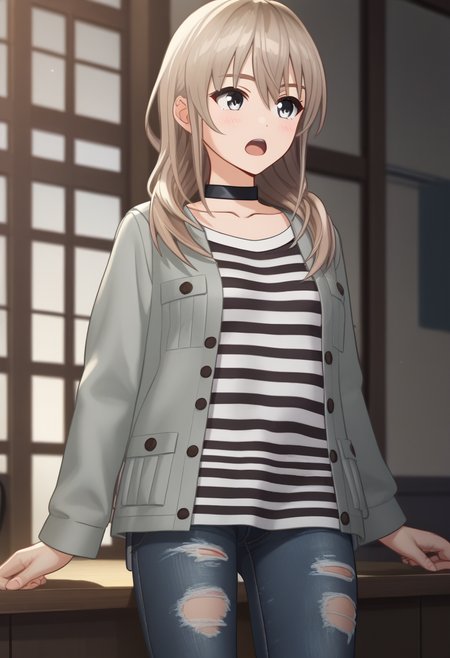 score_9,score_8_up,score_7_up,<lora:kawaragi_momoka_pony:1>,3d, kawaragi_momoka, 1girl, solo, striped_clothes, striped_shirt, long_hair, grey_eyes, open_mouth, torn_pants, long_sleeves, open_jacket, brown_hair, black_choker, jeans, indoors, cowboy_shot, standing, hair_between_eyes