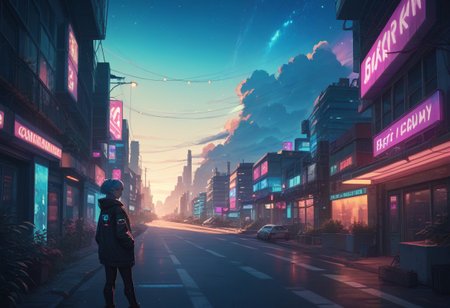 score_9, score_8_up, score_7_up, cyberpunk futuristic street beautiful landscape, morning, woman, very intricate, very detailed, sharp, bright, colorful, lights, neon, stars
