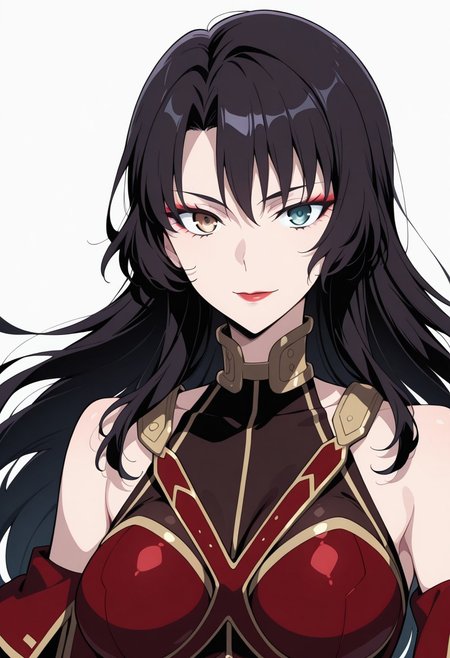 masterpiece, best quality, amazing quality,1girl, solo, BREAK
hephaestionlemcf, very long hair,black hair, red eyeshadow,dark blue eyes,dark grey eyes,heterochromia,lipstick,red armor,bare shoulders,red detached sleeves,
BREAK ,
simple white background, upper body, looking at viewer,