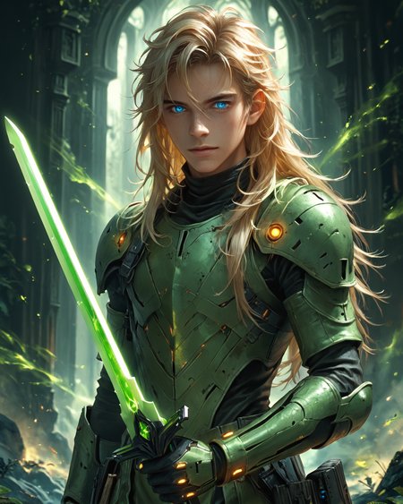 score_9, score_8_up, score_7_up, intricate details, rating_questionable, fantasy setting,
<lora:homri52:1>,
<lora:Plasma_Sword:1>,
1boy(human, young man, pale skin, long hair, blond hair, blue eyes, swedish, science fiction knight, holding a plasma sword, glowing green Plasma Sword, crackling green energy around the sword, solo, cowboy shot), alien battlefield, craters, trenches, detailed background, depth of field, 
4k,
<lora:ral-chrosc-clr:0.5>, ral-chrosc-clr,
<lora:Expressive_H:0.5>
<lora:xl_more_art-full_v1:0.3>,
<lora:add-detail-xl:0.3>,