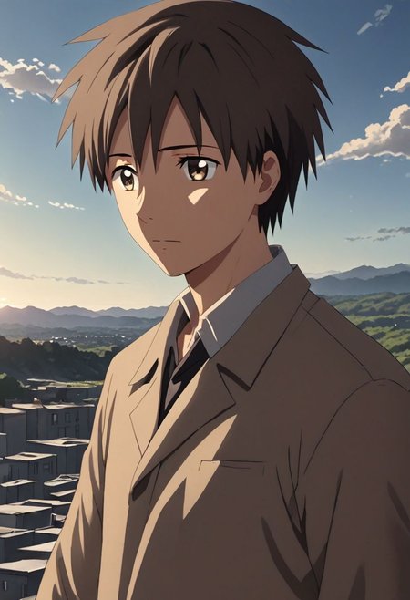 high resolution, solo, best quality, 1Boy, Takaki Toono, Brownish Hair, Brown Eyes, free fall, sky , OverallDetail
