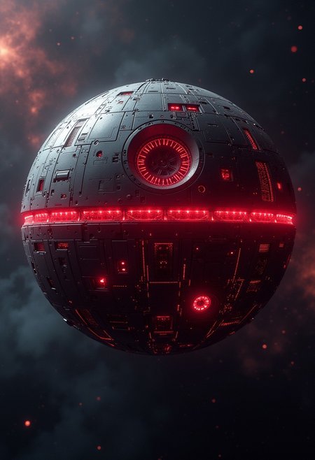 a_skynet_cyberdyne_craft, the image is featuring a Cyberdyne Death Star in space, with ominous red circuitry, red diodes and lights, set against a dark space background with nebulae