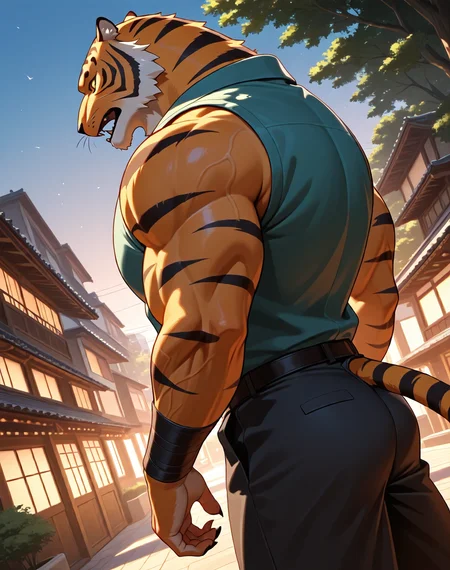 <lora:Armour_Tiger_(Astro_Fighter_Sunred)_(Illustrious)_(AD):1.15> Armour Tiger, muscular, Sunred, 
dutch angle, exterior, city park, city, trees, houses, apartments, Japanese style modern architecture, 
villain, strong, powerful, large shoulders, large biceps, thick neck, veiny muscles, cowboy shot, side view, butt, 
BREAKvery awe, aesthetically pleasing, masterpiece, best quality, amazing quality, very aesthetic, perfect depth of field shot, gradient style coloring, 
EZRealPONYXL, zPDXL, Smooth Quality, lazympos, IllustQualXL_Pos,