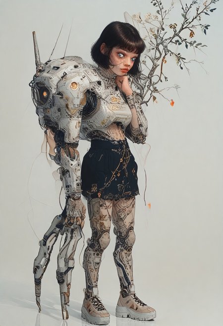 score_9,score_8_up,score_7_up,score_6_up,score_5_up,score_4_up, full body, tomie kawakami, standing in lost city, solo,female focus,looking at the spectator,(Heart-shaped face, dark blue eyes, plump lips, short bob-cut dark brown hair, 5'6", 125 lbs, medium breasts, narrow waist, slender figure, a star tattoo on the ankle, pale skin, angular jawline, and slightly upturned nose.:1.3),(A gold lace bra paired with a black puffy mini skirt, and finished with bold gold high heels on a platform, featuring exquisite lace designs and a skirt made of rich velvet fabric, providing a luxurious and captivating look.:1.3),(plain contrasting background:1.3),(full-length:1.5),hands,Perfect hand,Perfect feet,Perfect eyes,cyb0rg,science fiction,cable,mechanical parts,<lora:feet v3:1>,<lora:hand 4:1>,<lora:PerfectEyesXL:1>,zPDXL2,zPDXLpg,<lora:cyb0rgXLP:0.8>,<lora:add-detail-xl:1>,<lora:DP-Pony:1>,p33rs,<lora:incase-ilff-v3-4:0.2>,