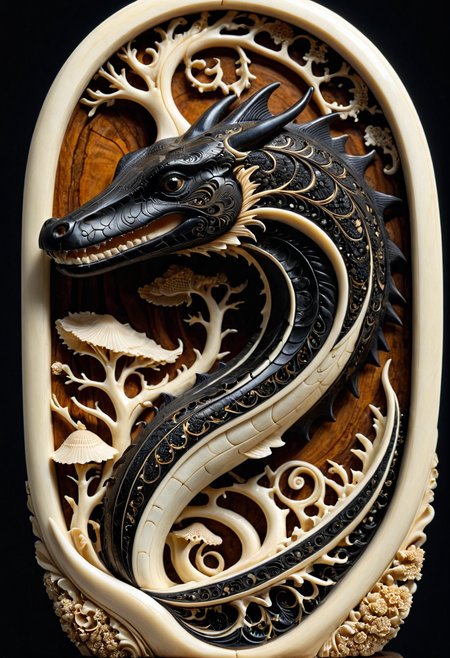 crocodile made out of, ebony, ivory, scrimshaw, bone carving, 
simple background, light reflection, statue,
depth of field, dramatic lighting, detailed shadows, 
blurry background, extreme close up, intricate detail,from above,
 <lora:Ebony_and_Ivory_Scrimshaw_style_-_SDXL:1>, masterpiece, best_quality, amazing_quality, very_aesthetic, 8k, high_quality, highres, absurdres, subject_focus,