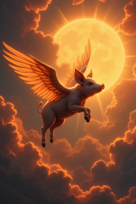 a pig icarus with wings made of feathers and wax is flying towards the sun Fantastic lighting. Detailed shadows.intricate details, vivid colors, hyper-detailed, ultra-sharp,, , <lora:aesthetical-000003:0.15><lora:aidmaNSFWunlock-FLUX-PonyStyle-v0.1:0.15><lora:Flux-jijia:0.1><lora:GLSHS:0.6>