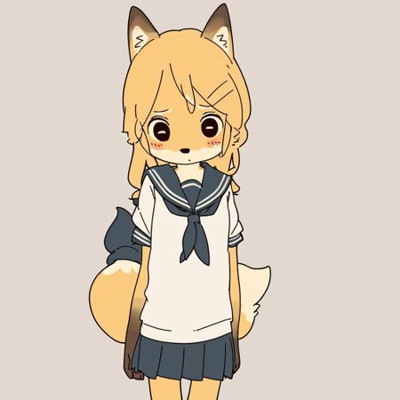 masterpiece,high quality,(high detail),(hdmasterpiece:0.9),high quality,high detail,hd,by yagi the goat,furry, fox girl,yellow hair ,big eyes,long hair,Short stature,Skinny body,solo,Short stature,Skinny body,score_9,score_8_up,score_7_up,(cute expression, cute face:1.1),simple background,looking at viewer,blush,skirt,flat chest,furisode,sailor,skirt,sailor_dress,fox tail