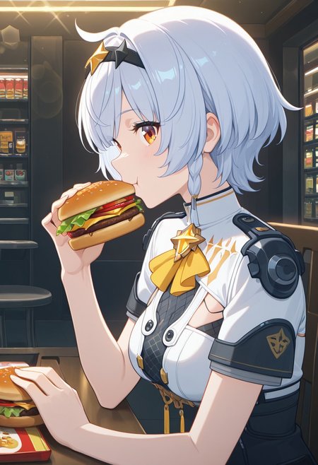 masterpiece, best quality, 4k, expressive eyes, perfect face, high detail, bloom, lens flare, godrays, post processing, cinematic lighting, volumetric lighting, 1girl, Anby Soldier 0, solo, white hair, hair-band, star hair-band decoration, side ahoge, short hair, orange eyes,detailed eyes,combat suit, high collar, star brooch, chest mesh, short sleeves, happy, Sitting, chair, holding food, burger, eating, side view, indoors, burger store, loking at viewer