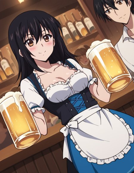 score_9, score_8_up, score_7_up, source_anime, <lora:yukina-himeragi-s1-ponyxl-lora-nochekaiser:1>, yukina himeragi, long hair, black hair, brown eyes, medium breasts,, <lora:dirndl-ponyxl-lora-nochekaiser:1>, dirndl, german clothes, beer mug, collarbone, cleavage, beer, underbust, waist apron,, indoors, bar, smile, blush,, , cowboy shot, dutch angle