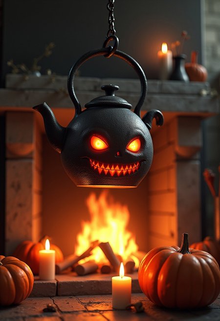 Image is a creepy, sinister yet adorable cute fantasy digital illustration featuring a semi  realistic glowing demon kettle with sinister eyes that is hanging down from a chain over a kitchen fire in fireplace, scattered pumpkins around and candles providing warm light, moody, grainy, noisy, concept art, by Alberto Seveso, Cyril Rolando, Dan Mumford, Meaningful Visual Art, Detailed Painting, Digital Illustration, Unreal Engine 5, 32k maximalist, hyperdetailed fantasy art,  dark fantasy concept art,  3d digital art, sharp focus, masterpiece, fine art, creepy, sinister"