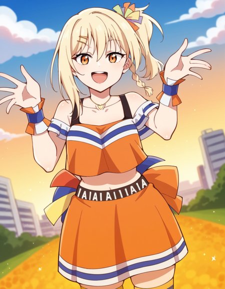 score_9, score_8_up, score_7_up, source_anime, <lora:ai-miyashita-saikou-heart-mv-ponyxl-lora-nochekaiser_r1:1>, ai miyashita, bangs, blonde hair, hair ornament, orange eyes, braid, sidelocks, medium hair, side ponytail, orange eyes, french braid,, skirt, thighhighs, jewelry, collarbone, necklace, off shoulder, tank top, wristband, cheerleader, pom pom (cheerleading), orange skirt, gyaru, heart necklace, floating city, sky, futuristic, architecture, clouds, , smug, looking at viewer, solo,, dutch angle, cowboy shot