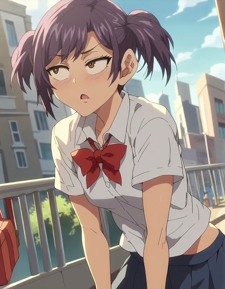hard shadows, anime screencap, anime_core, score_9, score_8_up, score_7_up, anime screencap, explicit_content,1girl, city, outdoor
´
long hair,detailed face, masterpiece,best quality, narrow body, <lora:KurumiSouma_v1:1>, kurumisouma, purple hair, short twintails, school uniform