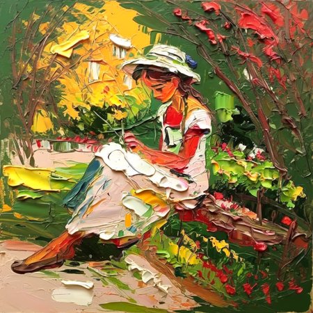 impasto girl  in garden<lora:impasto:1>
