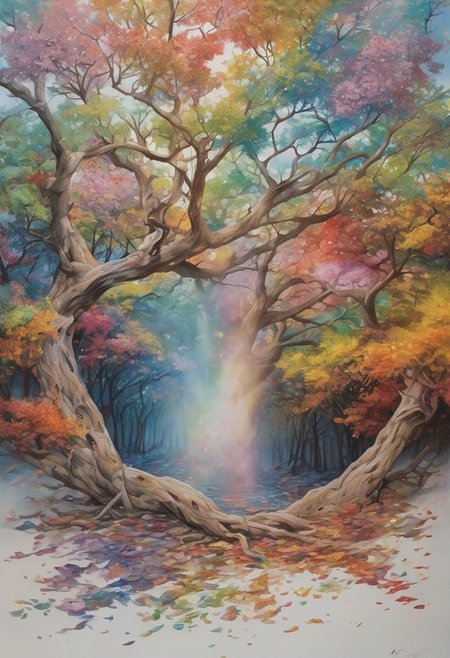 (photo realistic, hyperrealism), Imagine a scene where time has stood still beneath an ancient tree. Its leaves drift to the earth in colors of a rainbow. Magic spins through the air. Each petal and leaf emit a soft, otherworldly glow. Sunlight kisses the earth, (whitespace)