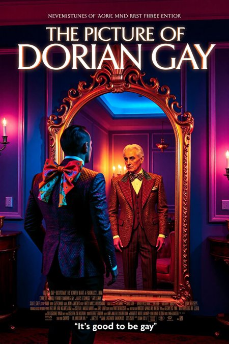 mvpstr. Epic movie poster for "The Picture of Dorian Gay". The poster features a sharply dressed, flamboyant gay man standing in front of an ornate, gilded mirror, gazing deeply at his own reflection. The man is wearing a stylish, colorful suit with a large, extravagant bowtie, his hair perfectly styled. His reflection appears slightly older and more tired, contrasting with his youthful appearance. The setting is a luxurious, modern room with neon lighting, rainbow accents, and elegant decor. The title "The Picture of Dorian Gay" is displayed in bold, glamorous font across the top. Below, the tagline reads: "It's good to be gay" Cinematic lighting, retro movie poster style, exaggerated colors, playful pop-art vibe. <lora:schnell_v1.0:1.0> <lora:EpicMoviePoster-000015:1.0><lora:786449902780705493:0>