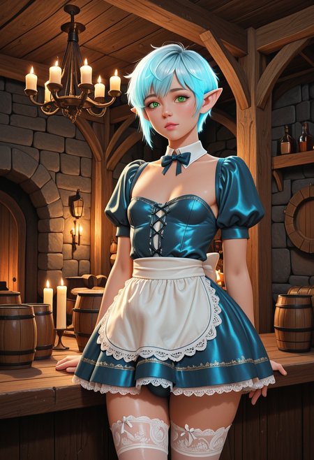 , highly detailed, 
masterpiece, best quality, absurdres,
Perfect eyes, perfect hands, realistic skin texture,
 soft lighting, volumetric lighting, ,(ultra HD quality details), 
Solo_focus,1boy, otokono no ko, feminine, crossdressing, cute, sexy,
((Bulge, lady bulge)), 
, blue hair, light blue highlights, glowing hair, pixie cut, bangs, green eyes, elf,
 small breasts, perfect breasts, clear skin, wide hips, round bum, puffy chest, pointy ears, subtle makeup, pink lips, 
lace stockings, short embroidered blue satin dress, puffy sleeves, detached collar, bow, multiple petticoats, lace apron, ribbons,
Fantasy tavern, candles, barrels, alcohol, night, wooden chandelier
,lifewiththesuccubusboyseriesdoujinstyleil,