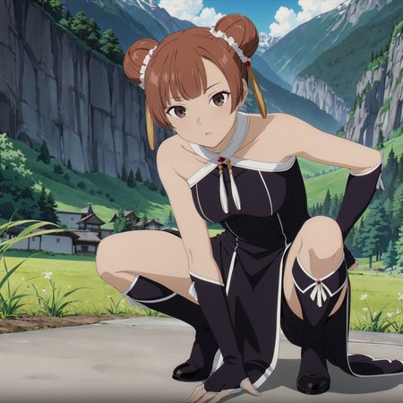 <lora:LaufenXL002>,<lora:outline_xl_kohaku_delta_spv5x:-0.8>,<lora:DetailedEyes_V3:1.6>,looking at viewer,
anime screencap,
Laufen,1girl,brown hair,double bun,brown eyes,hair_ornament,
black dress,bare shoulders,
gloves,
pelvic curtain,
boots,
nature,full body,squatting,