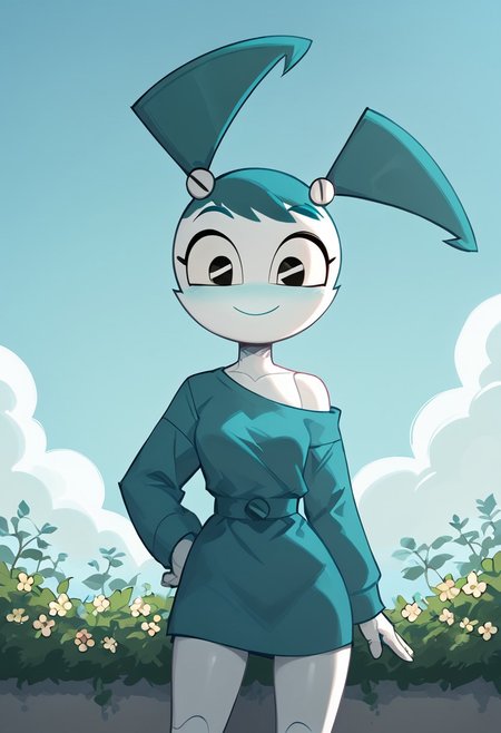 (Masterpiece, best quality:1.2), score_9, score_8_up, flat color, flat shading, soft shading, lighting, Jenny Wakeman in a blue ruffle off the shoulder dress with a blue maxi dress, twintails, blue hair, My Life as a Teenage Robot, series accurate, beautiful, best high quality, high res, robot, humanoid robot, whole body shot, 1girl, ((solo, outside, in a garden, clear blue sky, sunny day)), smile, cowboy shot, cowboy shot, cartoon, cartoon style,