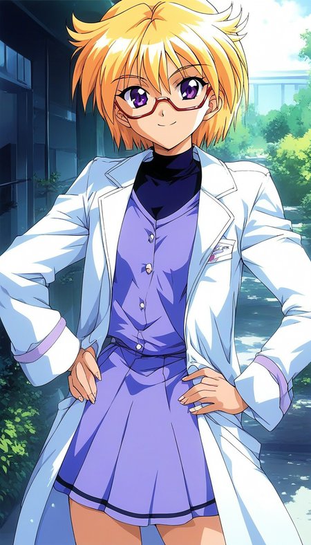 score_9, score_8_up, score_7_up, source_anime, rating_explicit, BREAK  <lora:Ijuin_Mei_XL:1> Ijuin_Mei, blonde hair, short hair, purple eyes,
solo, lab_coat, glasses, skirt, under body, hand on hip,  smile,  standing, long sleeves
 outdoor, day, light smile,
looking at viewer, 
cowboy_Shot,
