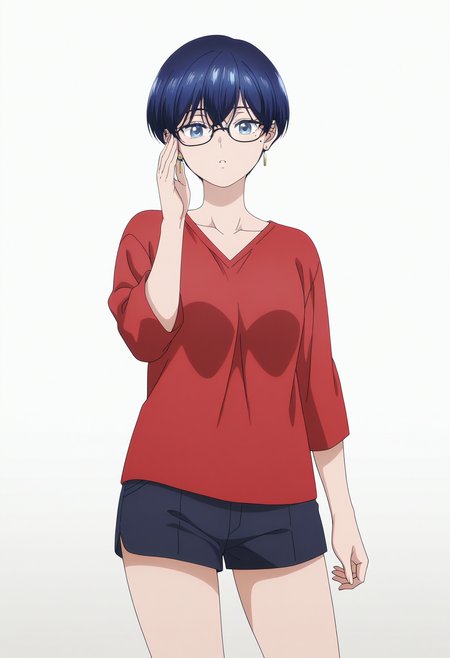 masterpiece, best quality,  absurdres, highres, 1girl,  <lora:anime_screencap:1>, anime screencap, anime coloring,  <lora:fuji:1>, fujiwz, very short hair, blue hair, hair between eyes,  blue eyes, mole, mole under eye, earrings, red shirt, shorts, glasses, adjusting eyewear, standing, looking at viewer, parted lips, simple background, white background,