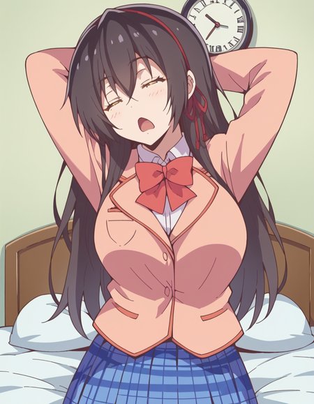 score_9, score_8_up, score_7_up, source_anime, <lora:sayuki-tokihara-s1-ponyxl-lora-nochekaiser:1>, sayuki tokihara, long hair, black hair, ribbon, hair ribbon, yellow eyes, hairband, large breasts,, skirt, bow, school uniform, jacket, plaid, plaid skirt, blazer,, bedroom, alarm clock, morning routine, yawning, stretching, on bed,, , , hands behind head,, solo,, cowboy shot, dutch angle