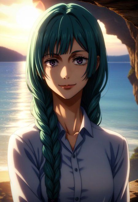 score_9, score_8_up, score_7_up, source_anime, intricate details, anime screencap, perfect balance, official art, extremely detailed CG unity 8k wallpaper, perfect lighting, Colorful, Warm_Front_face_Lighting, (masterpiece:1.0),(best_quality:1.0), ultra high res,4K,ultra-detailed, photography, 8K, HDR, highres, absurdres:1.2, Kodak portra 400, blurry background, bokeh, lens flare, (Anime) (vibrant_color:1.2), professional photograph, night, (good_face:1.2), 2d, anime, upper body, intricate iris, American, 1960s, 1970s, Professional character design, 1girl, female focus, (vibrant amethyst purple eyes), perfect eyes, (cyan hair), (Long Silky smooth hair), (pretty hair), (beautiful hair), (curtain bangs), braided hair, preppy, white dress shirt, youthful, feminine, solo, jujutsu_kaisen_style, character portrait, (perfect-lighting, lens flare), face, torso, (Kind) (Friendly) (Happy) (Sweet smile), feminine, young, (Wealthy, manor, extravagant, ornate embellishments, coastal, shore, cliff), warm sunlight, awn, (orange sunlight), (warm lighting), comfortable lighting.