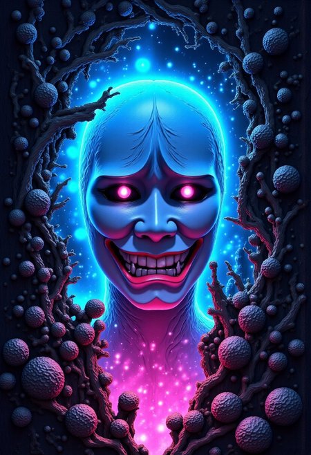 high definition digital animation depicting a cursed no-face mask radiating an eerie cyan and magenta aura displayed in a liminal bonsai garden, Studio Ghibli Dark Fairytale